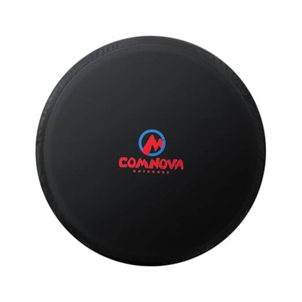 Black round spare tire cover with COMNOVA logo and stitched rim edge.