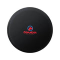 Black round spare tire cover with COMNOVA logo and stitched rim edge.