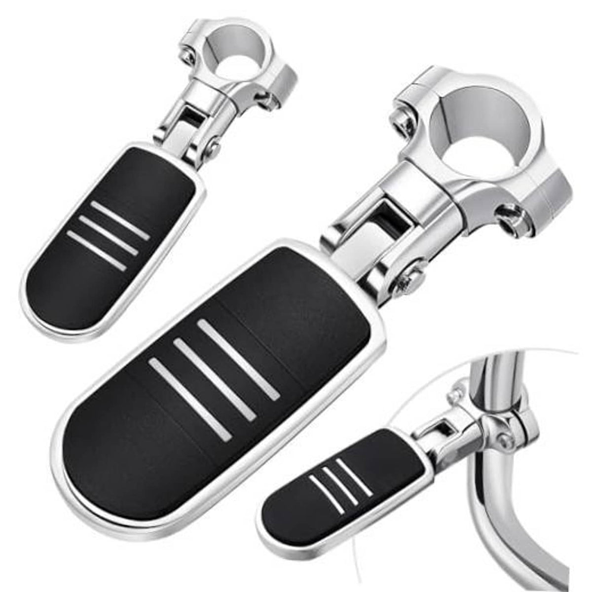 Chrome motorcycle highway pegs with black rubber pads and slotted grip stripes