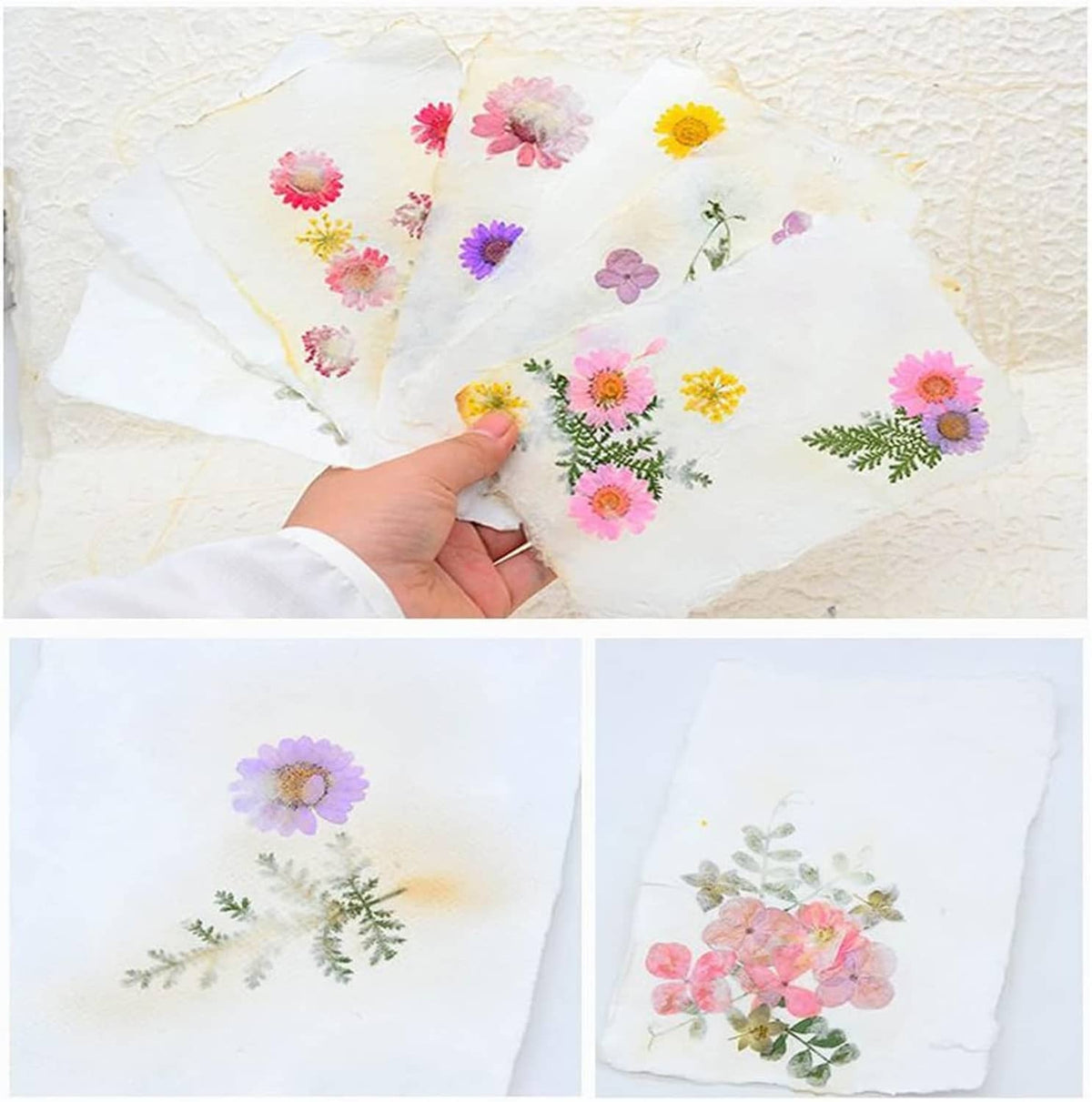Decorative handmade flower paper sheet with pressed blooms
