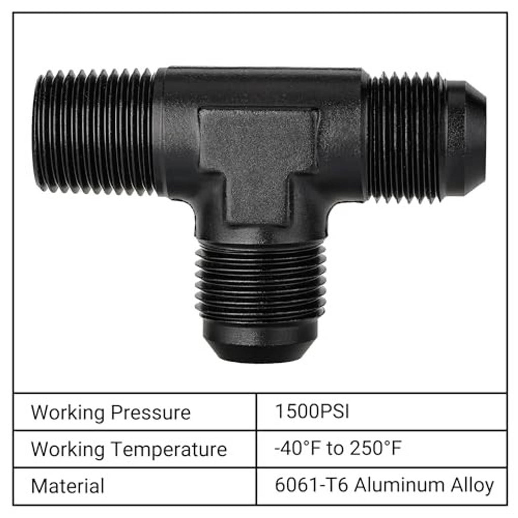 Black metal T-style adapter fitting with threaded ports on all three sides