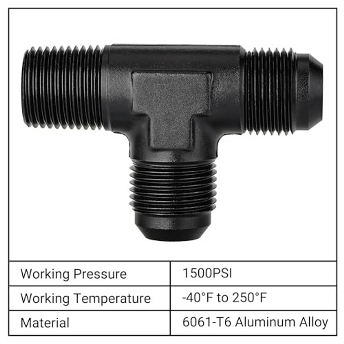 Black metal T-style adapter fitting with threaded ports on all three sides