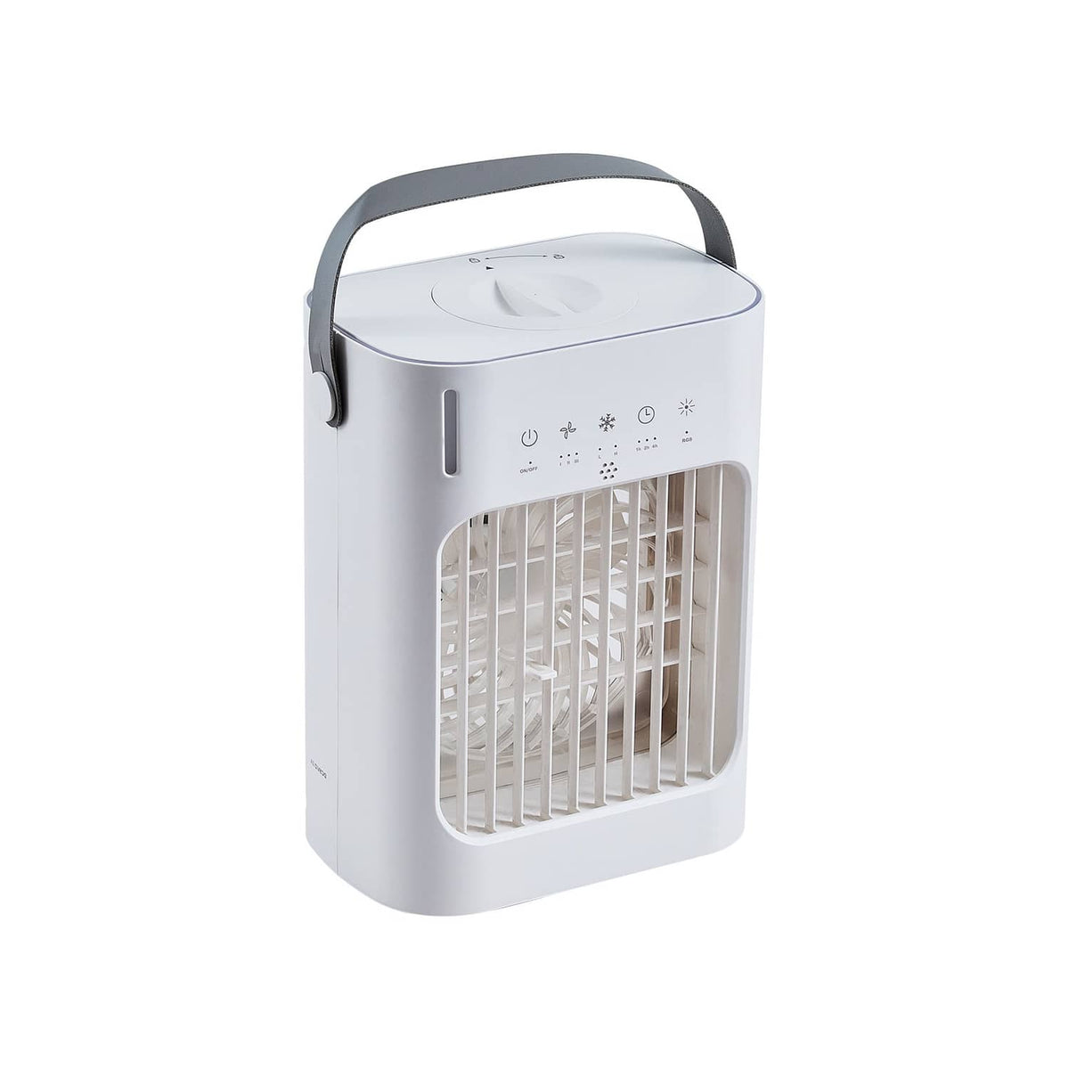White portable air cooler with front grille window, top buttons, and carrying handle