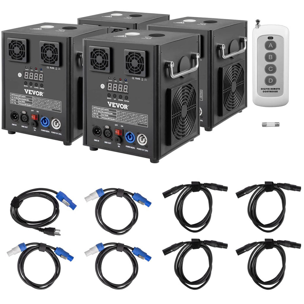 Cold spark machine set with two units, DMX control panels, and connecting cables