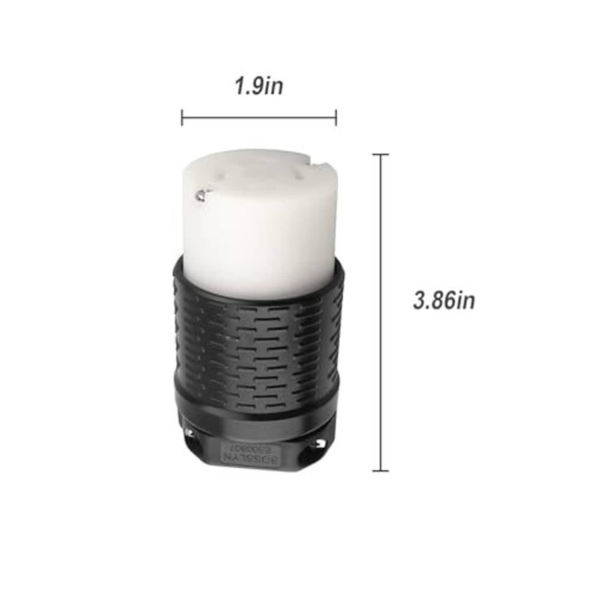 Industrial power plug with white insulator and black ribbed grip, front view
