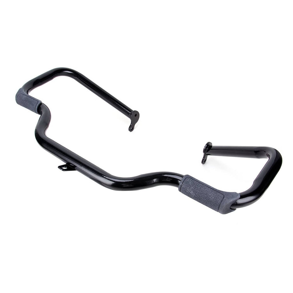 Motorcycle engine crash guard bar set with black finish and gray protective pads