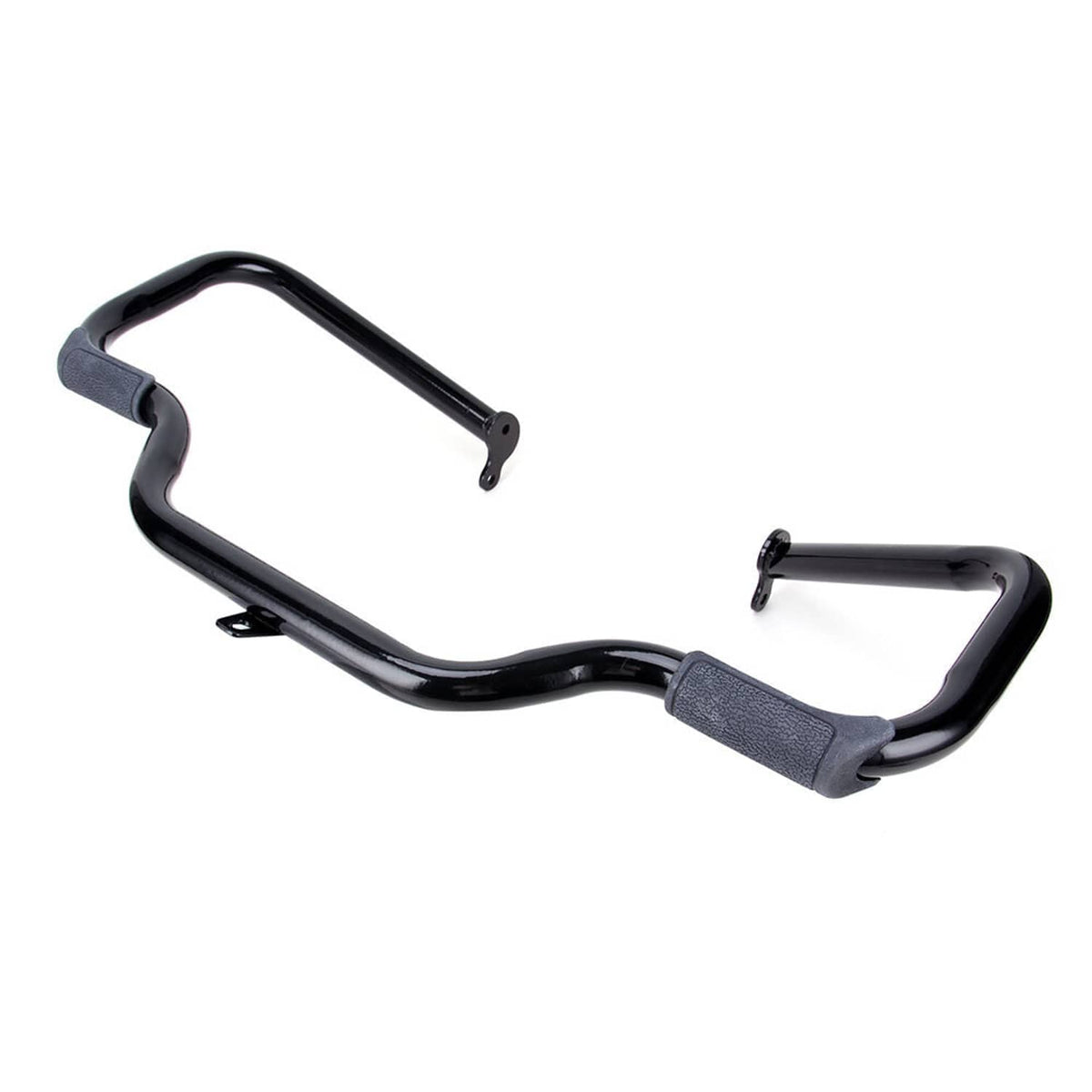 Motorcycle engine crash guard bar set with black finish and gray protective pads