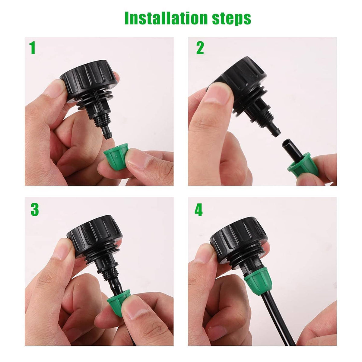 Hands installing lock-barb connector: press black/green fitting onto drip irrigation tubing