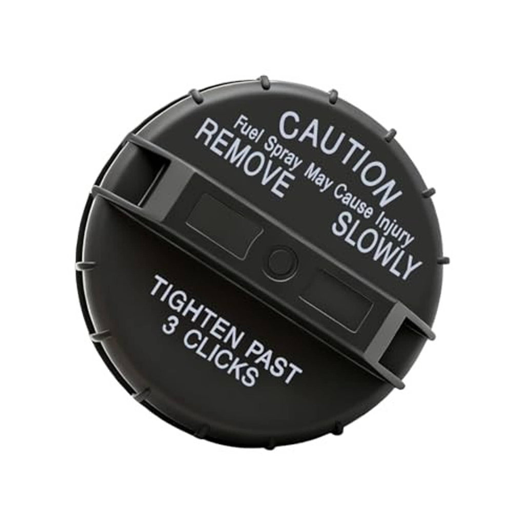 Black fuel tank filler cap showing CAUTION and TIGHTEN PAST 3 CLICKS text