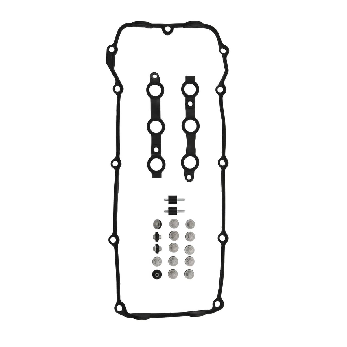Valve cover gasket set with multiple seals, bolts, and small mounting hardware