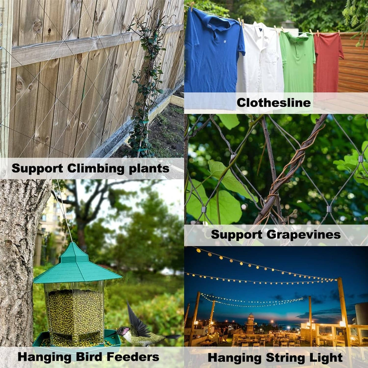 Stainless wire rope used for outdoor clothesline, bird feeder, and hanging lights