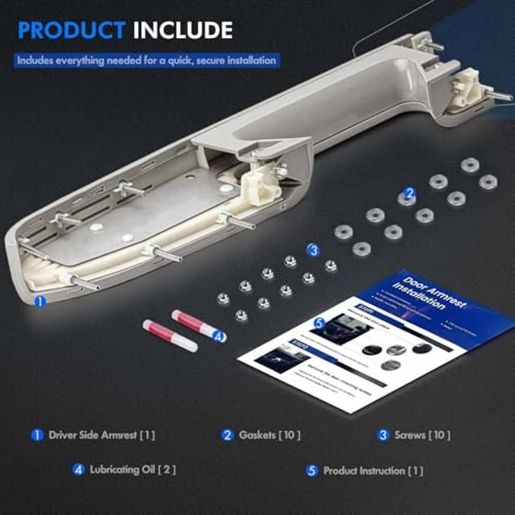 Door armrest repair kit includes gray armrest assembly, screws, gaskets, and oil