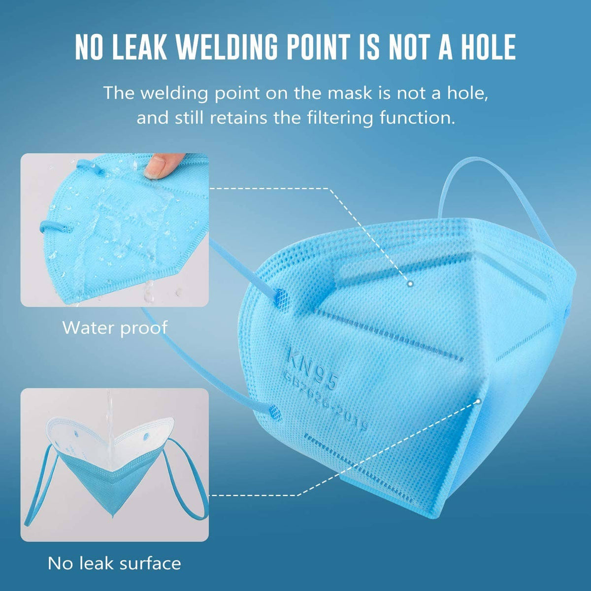 Light blue KN95 face mask with pleated filter and embossed markings