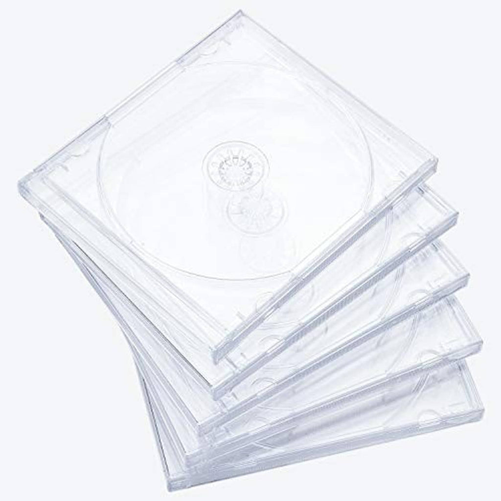 Stack of clear single CD jewel cases with assembled clear trays, ready for CDs