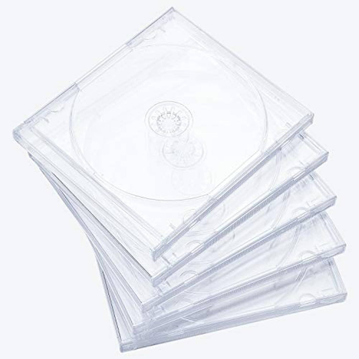 Stack of clear single CD jewel cases with assembled clear trays, ready for CDs