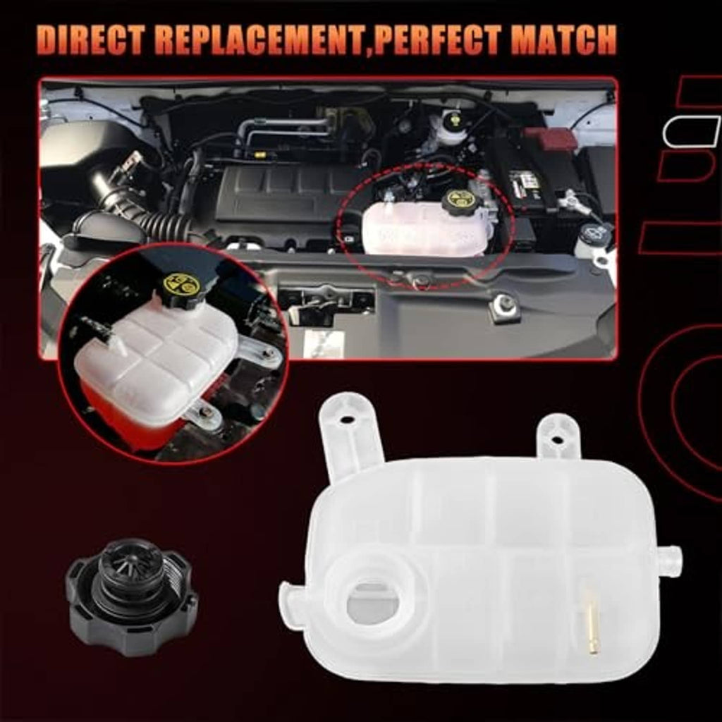 White coolant reservoir tank with black cap; close-up shows tank and cap details