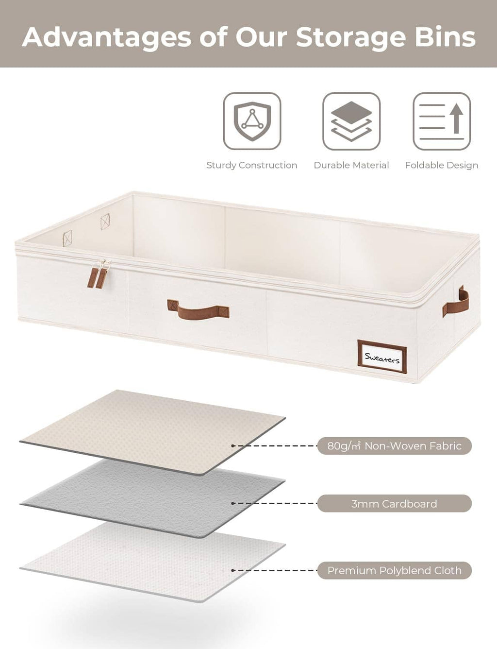 White foldable under-bed bins with brown handles, sturdy boards, and non-woven fabric