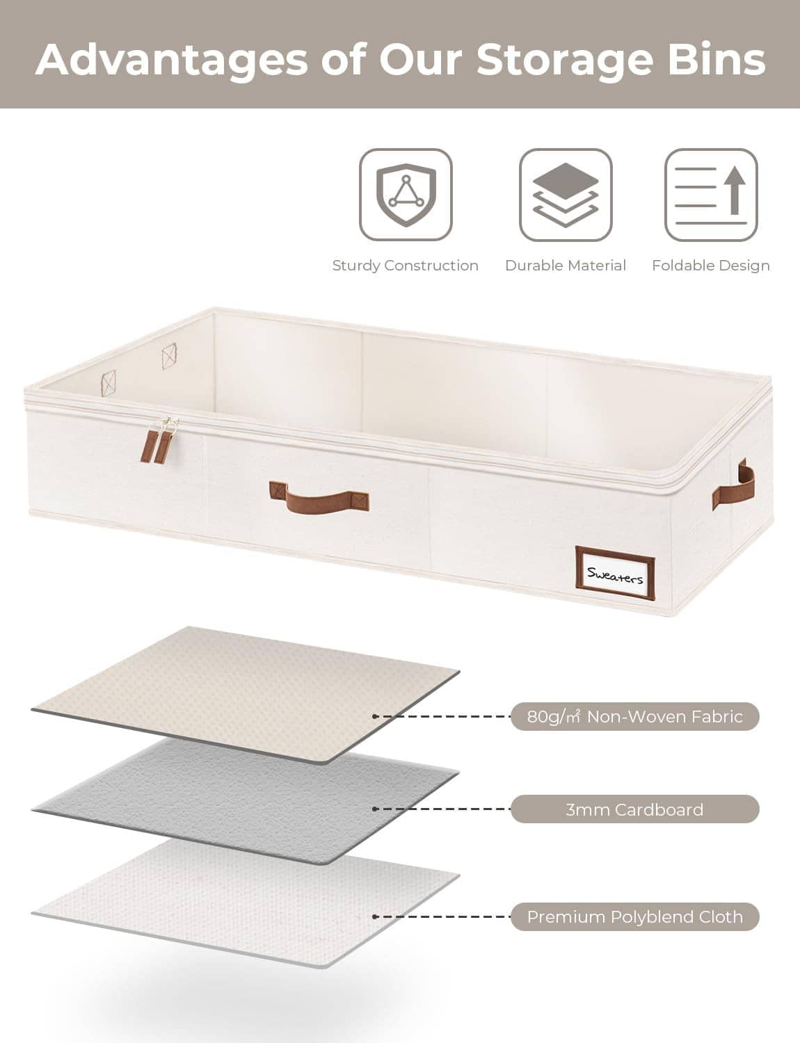 White foldable under-bed bins with brown handles, sturdy boards, and non-woven fabric