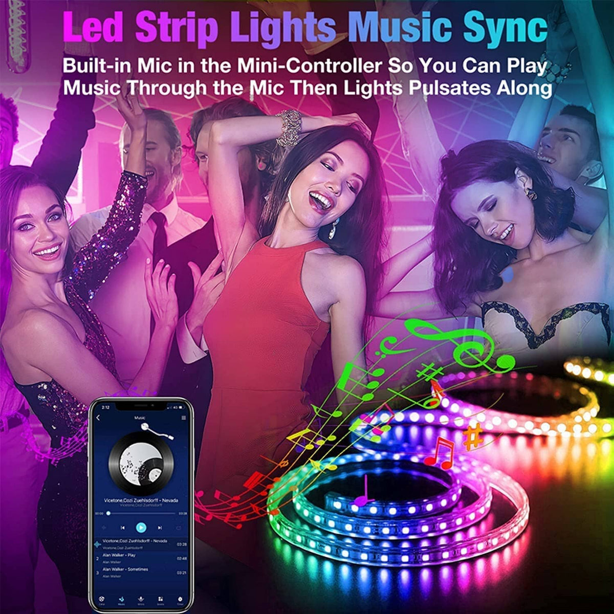Music-sync RGB LED strip lights with built-in mic and smart phone control