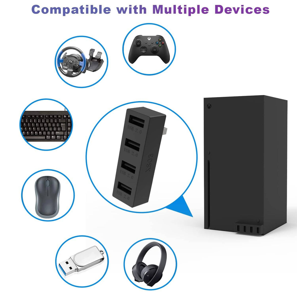 Black 4-port USB 2.0 hub with front ports for connecting multiple devices