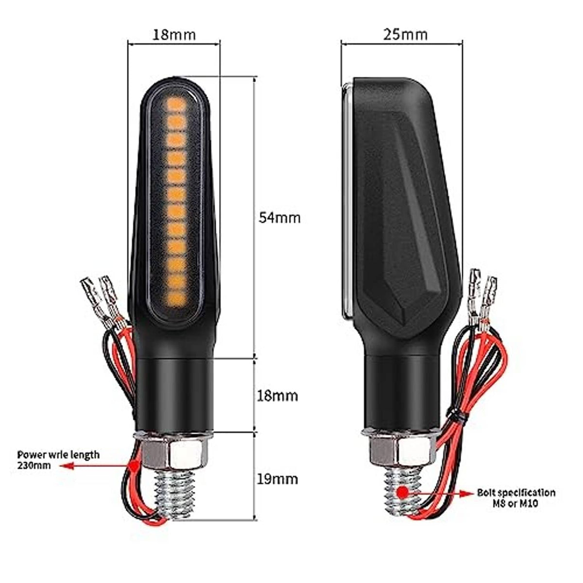 Black motorcycle LED turn signal with threaded mount and red/black wire leads; size view