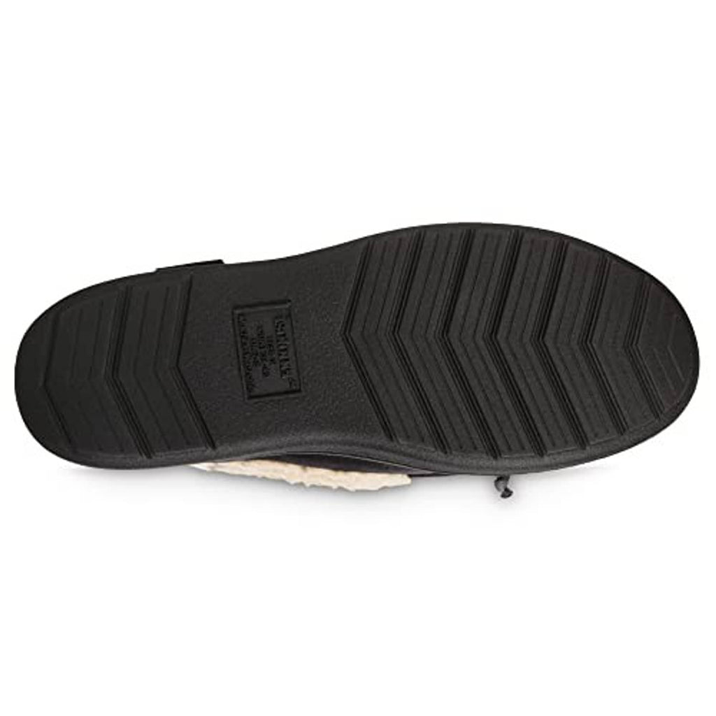 Black rubber outsole with textured tread pattern for traction on moccasin slippers