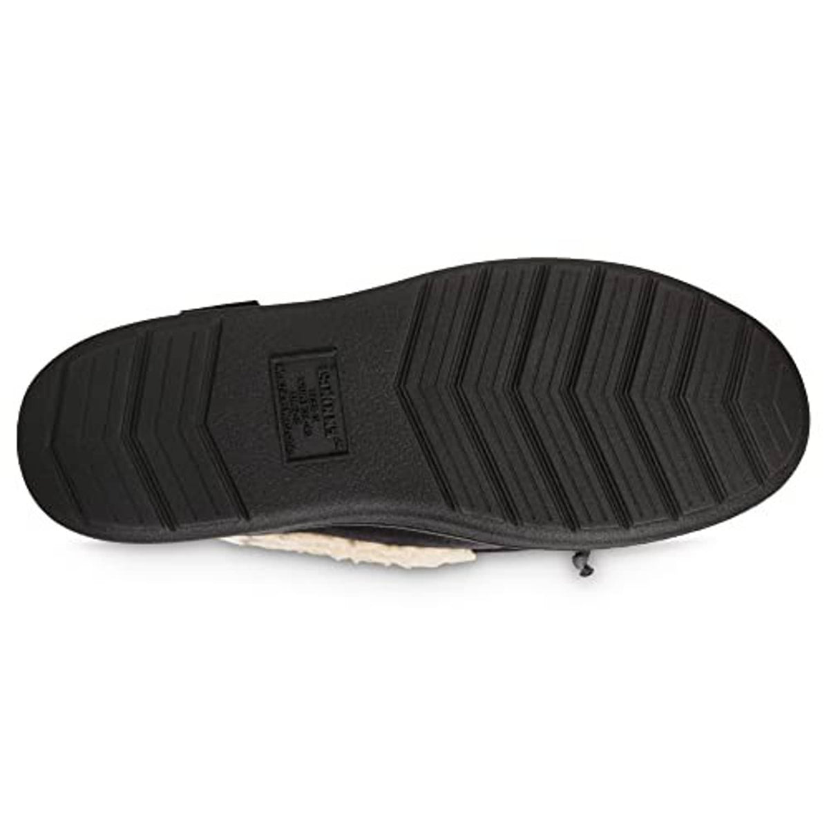 Black rubber outsole with textured tread pattern for traction on moccasin slippers