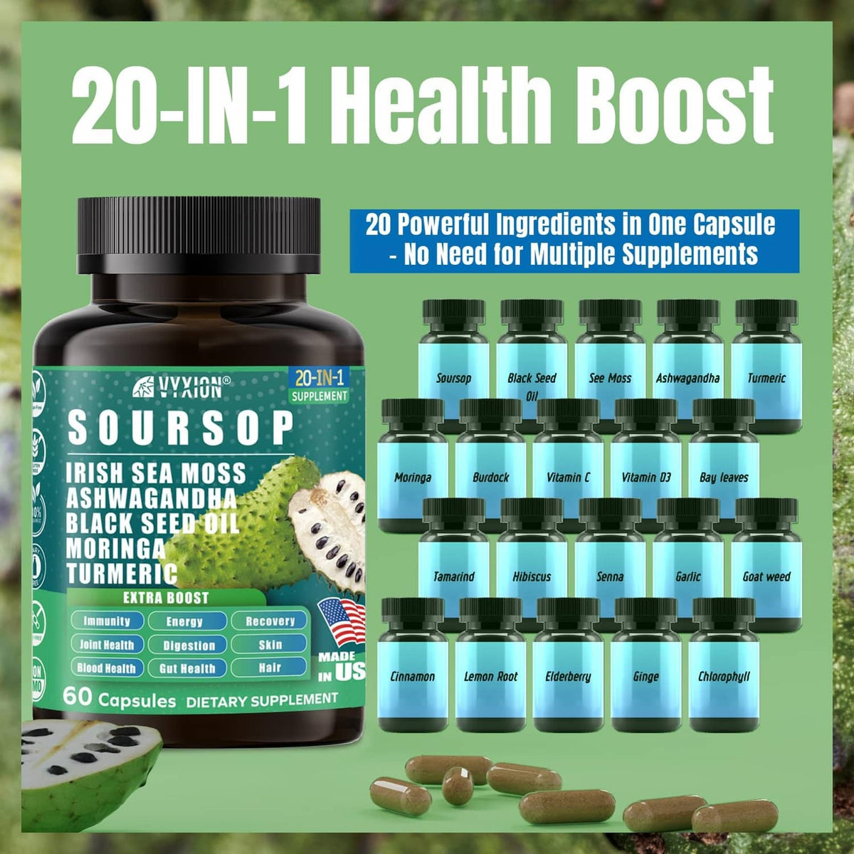 Supplement bottle with black cap beside small ingredient bottles on a green panel
