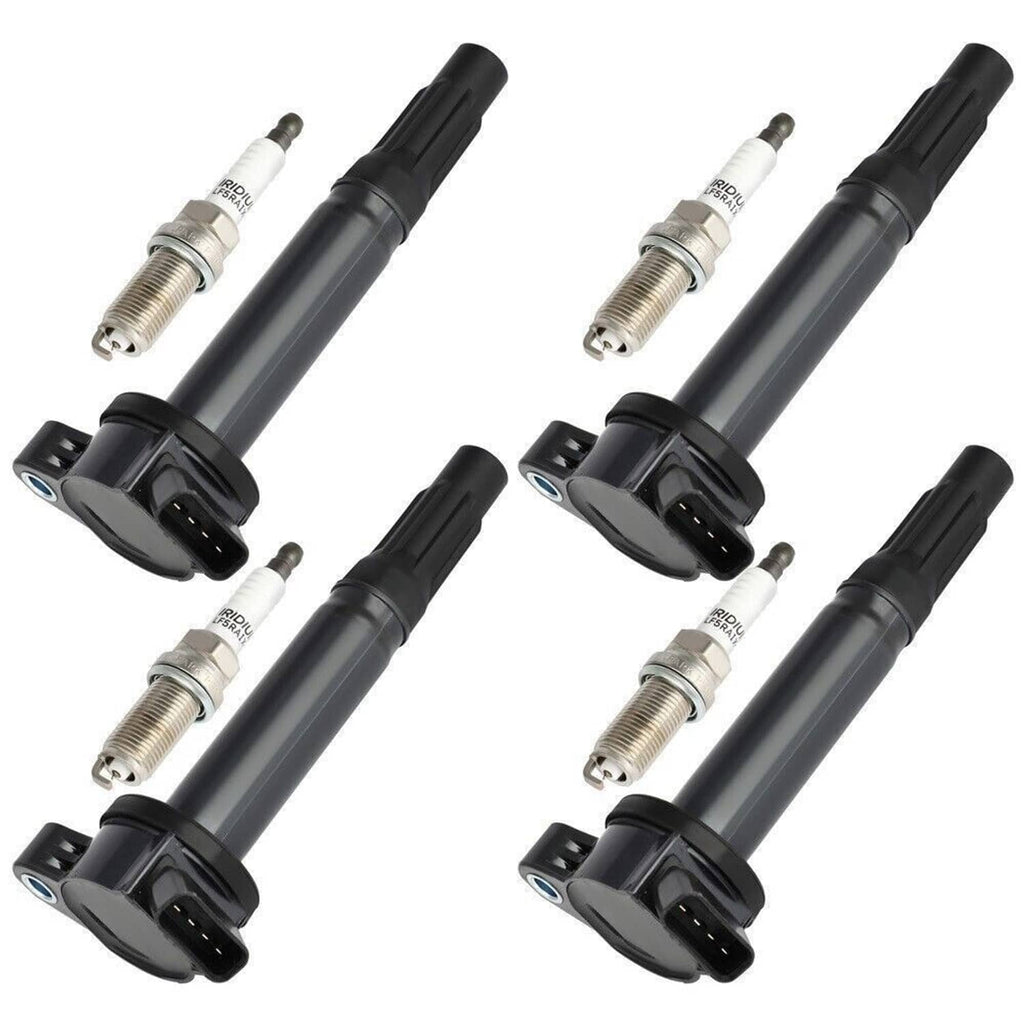 Set of 4 black ignition coils with spark plugs and metal terminals