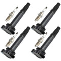 Set of 4 black ignition coils with spark plugs and metal terminals