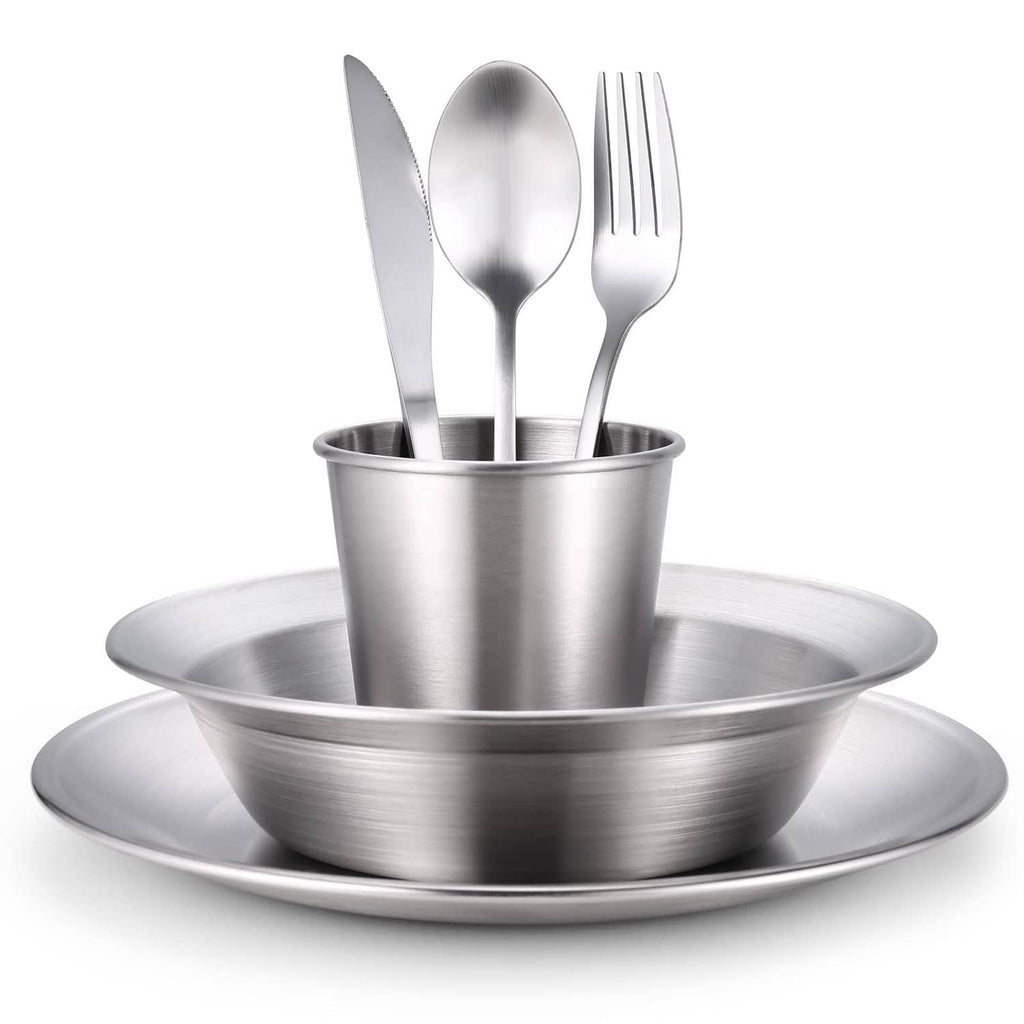 Stainless steel camping mess kit set with stacked bowl, plate, and dinner cutlery