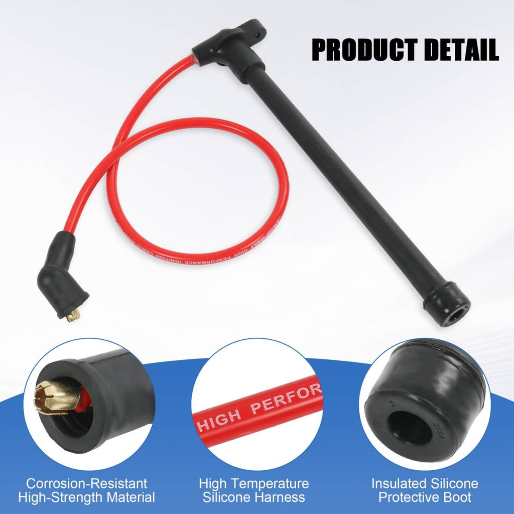 Spark plug wire set detail with red wire, long black coil lead, and black boots