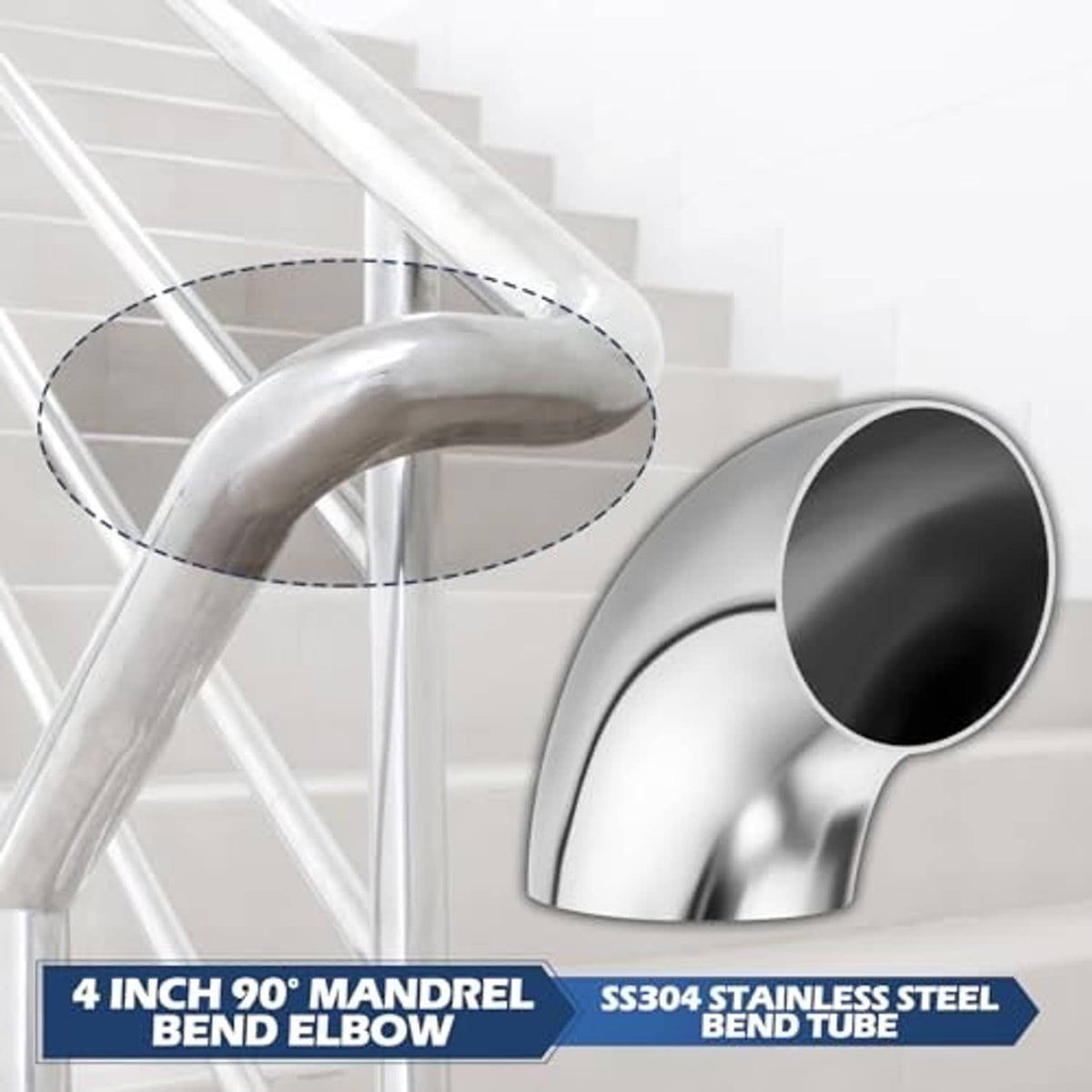 SS304 stainless steel 90° mandrel bend elbow, polished 4 in bend tube, open end