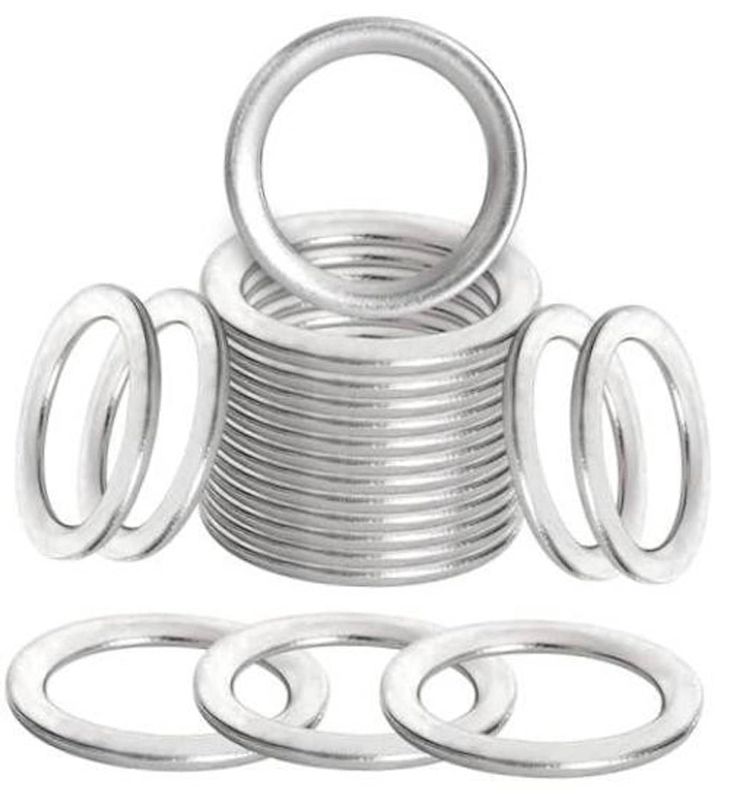 Set of silver metal crush washers with center ring and two outer washers.