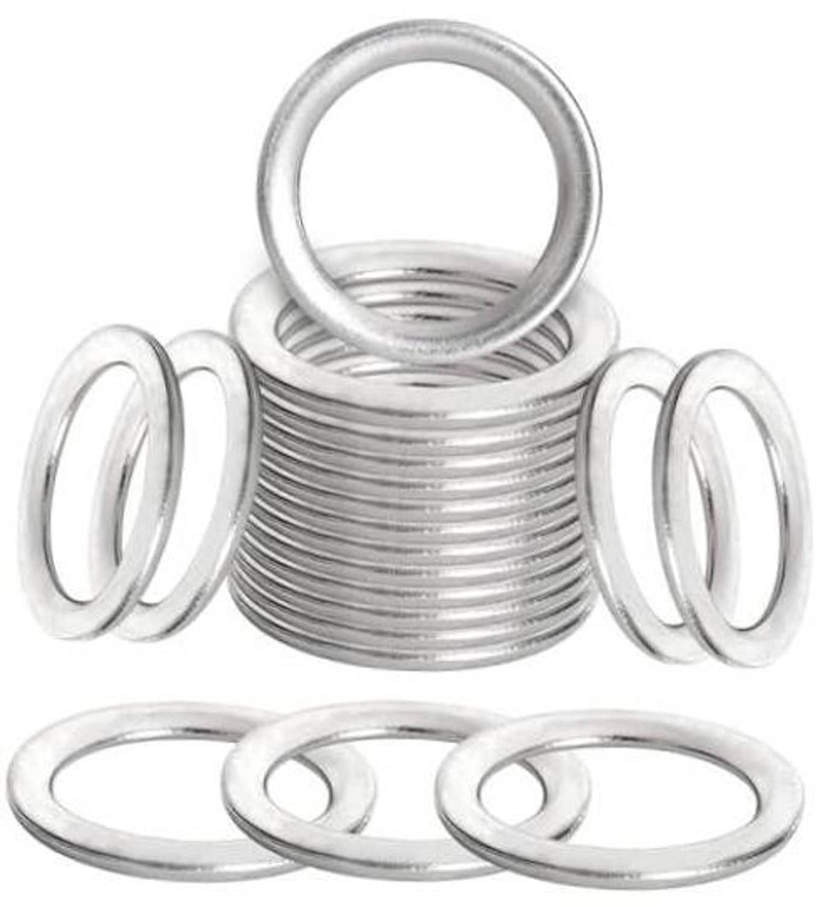 Set of silver metal crush washers with center ring and two outer washers.