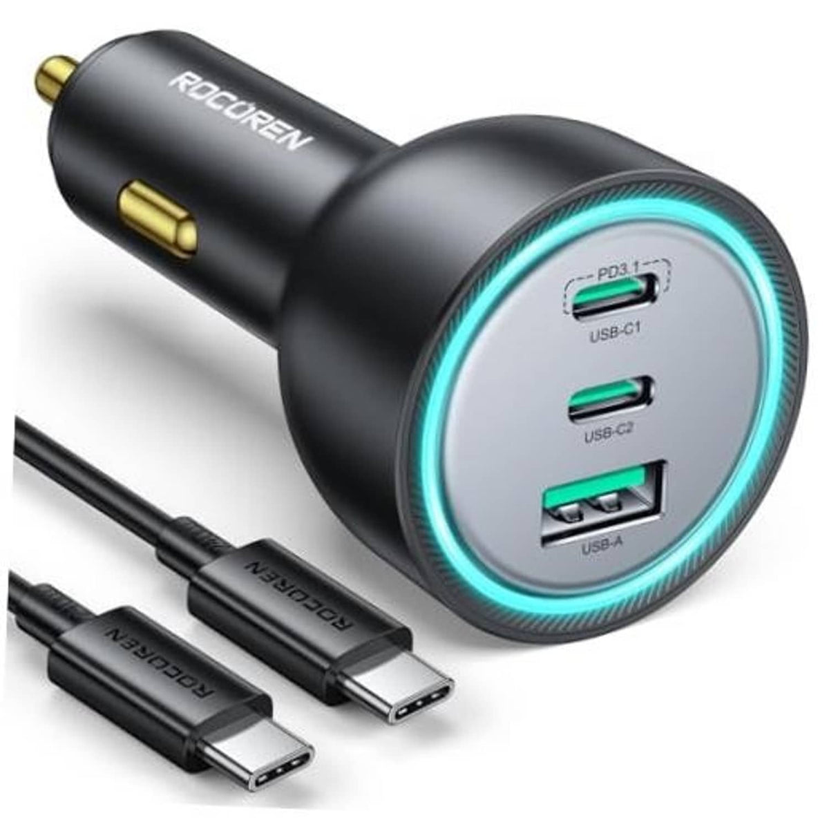 Black car charger with 3 ports: 2 USB-C and 1 USB-A, glowing blue ring