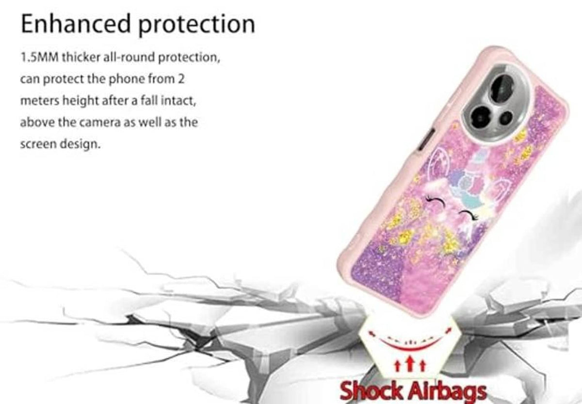 Pink glitter phone case with unicorn pattern and thick shock-absorbing bumper