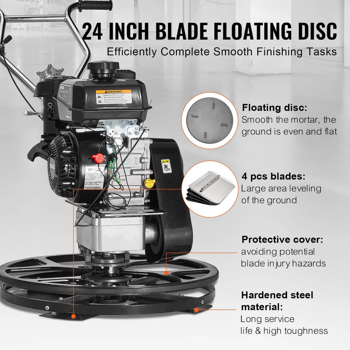 24-inch floating disc walk-behind power trowel with blade set and protective cover