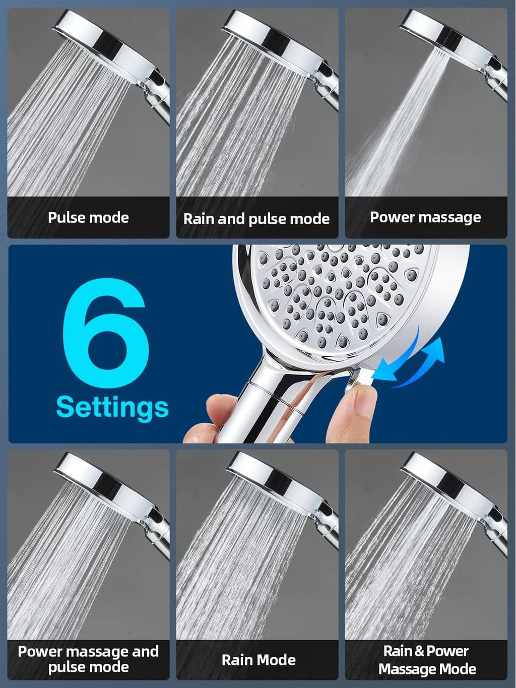 Chrome handheld showerhead showing multiple spray modes and settings