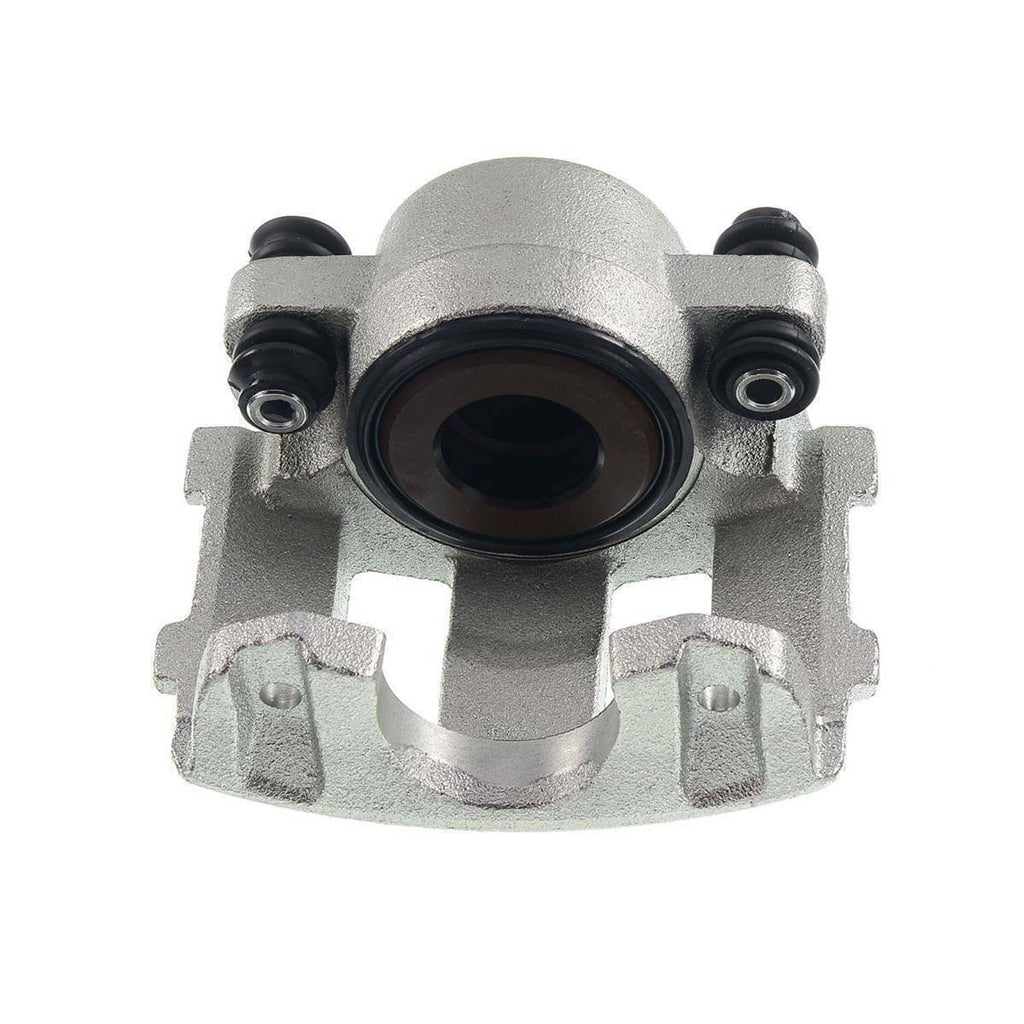 Front left brake caliper with black rubber boot and circular piston bore