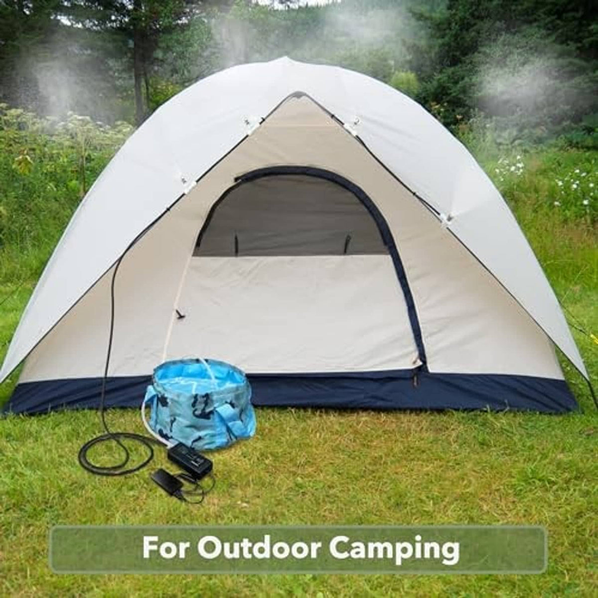 Outdoor camping tent with misting system: foldable blue bucket, black pump, hoses