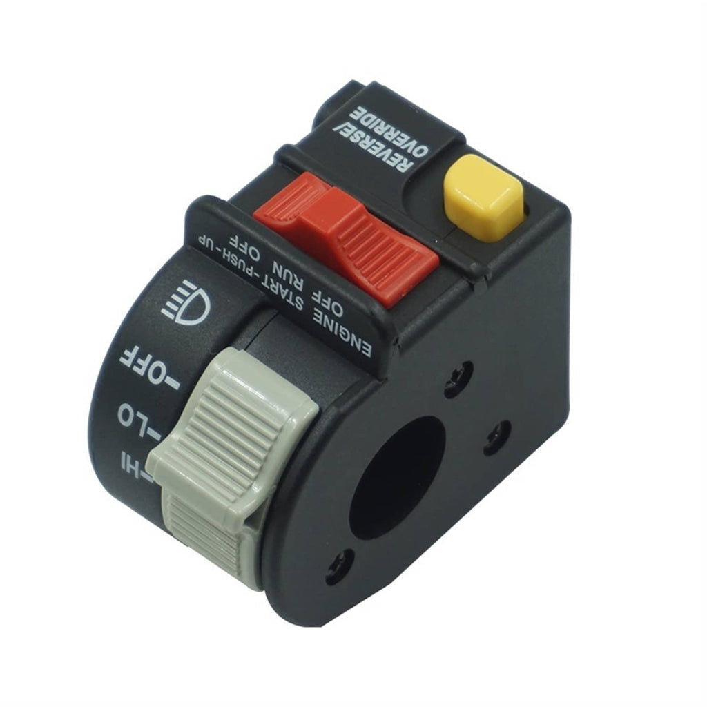 Left handlebar switch side view with HI/LO dial, OFF/ON labels, red and yellow controls