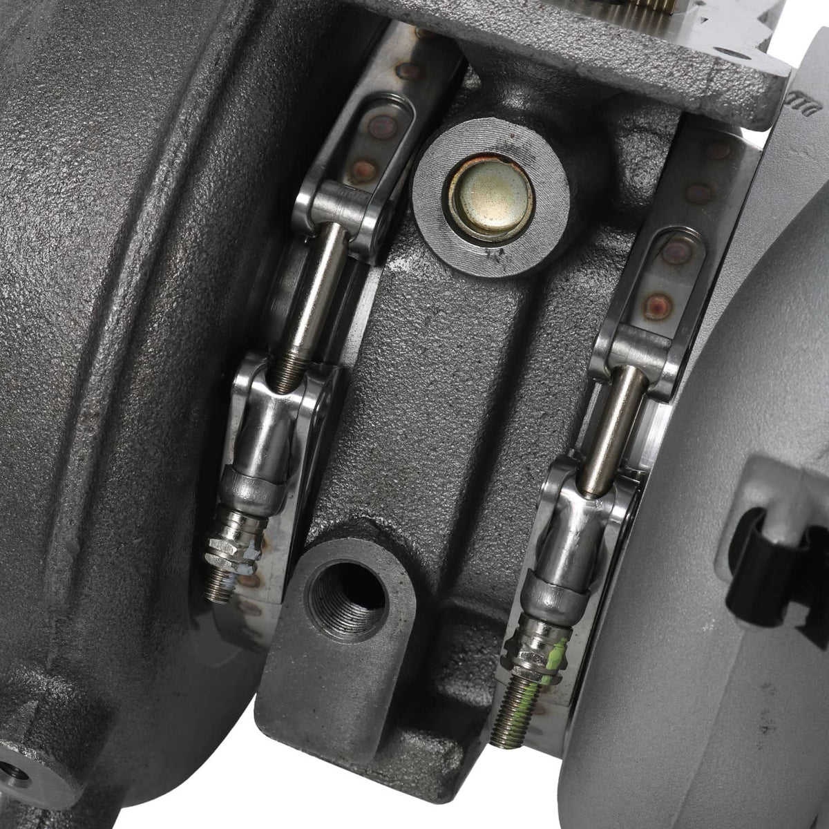 Turbocharger internal linkage and pivot pins inside the housing