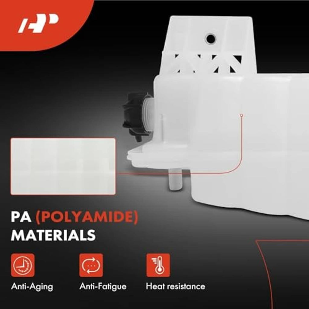 White coolant reservoir tank with mounting holes and top inlet opening