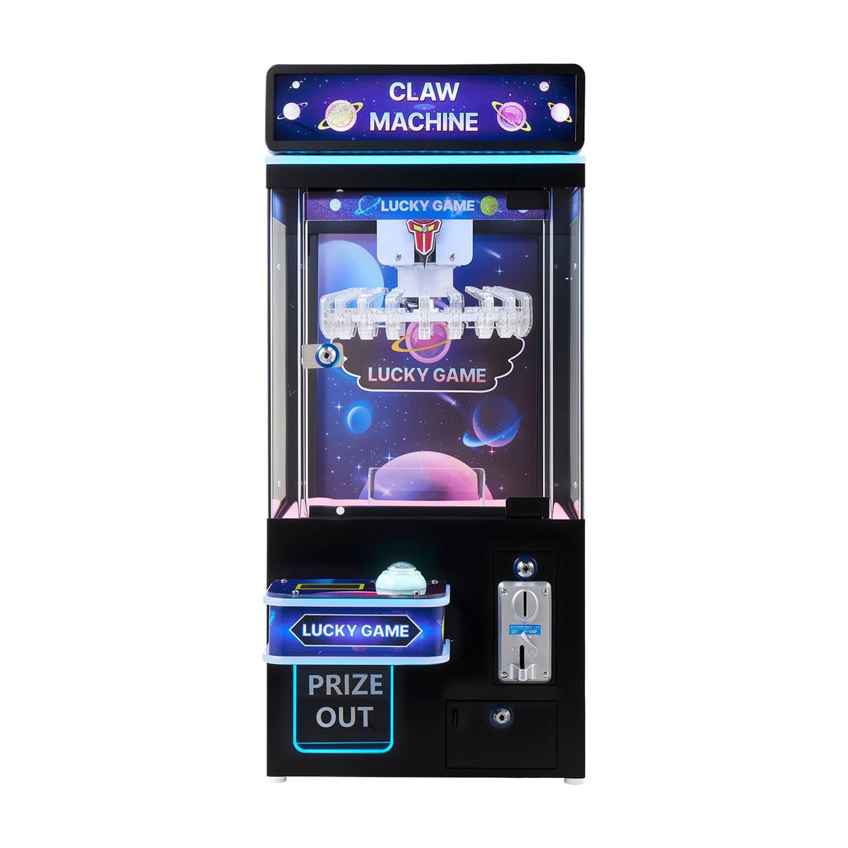 Claw crane arcade prize machine, lit top sign and central claw-grabber with Prize Out panel