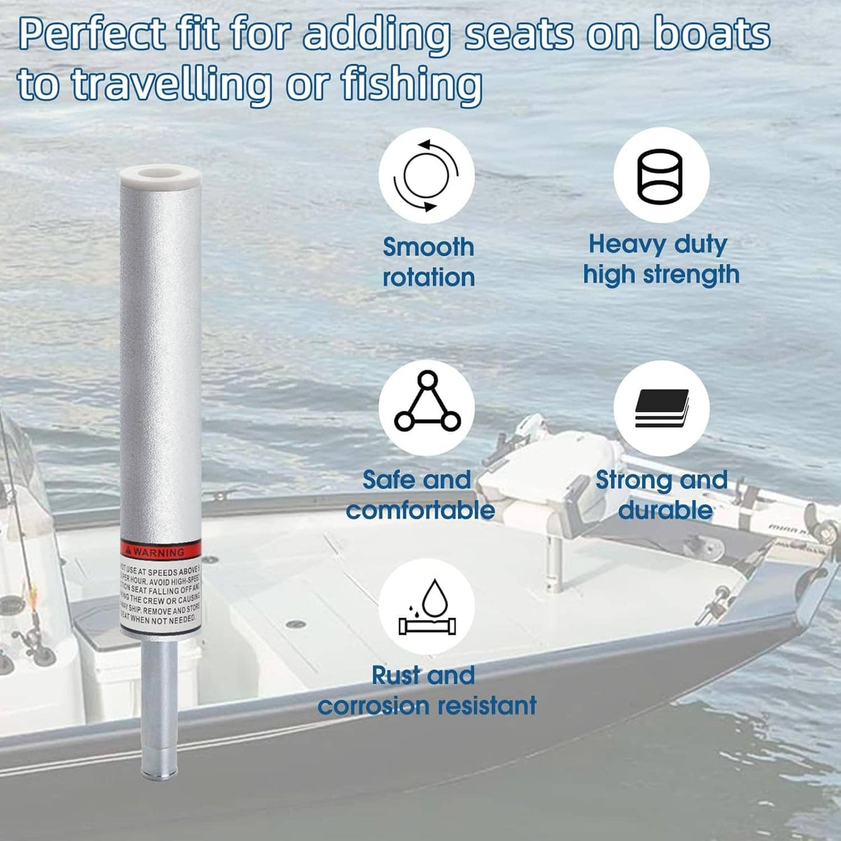 Silver marine boat seat pin post on deck near water, flanged top visible