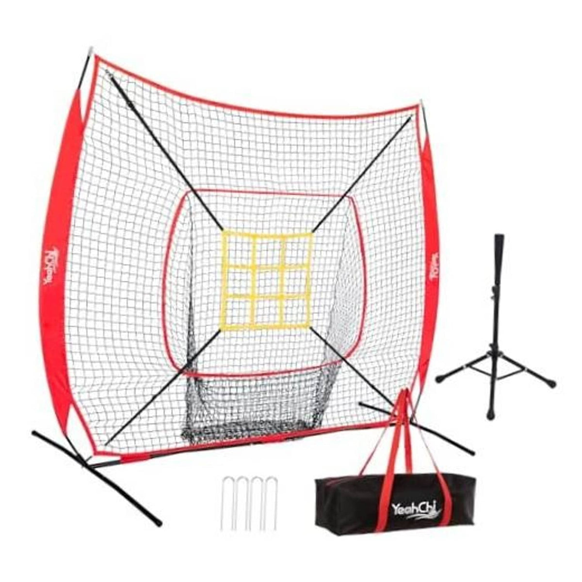 Baseball training net with red frame, black netting, and batting tee target area