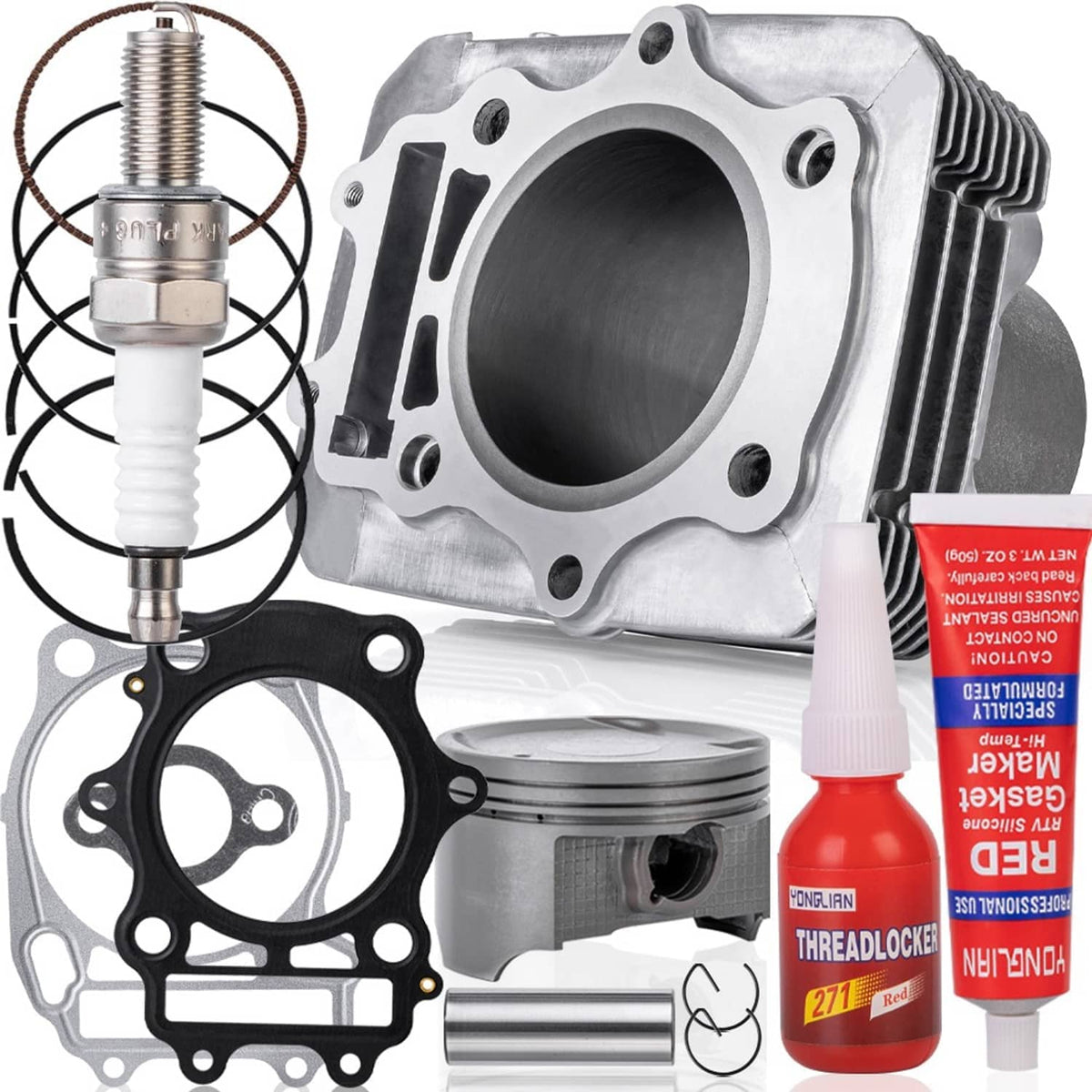Cylinder block and piston kit with gaskets and red threadlocker adhesive bottle