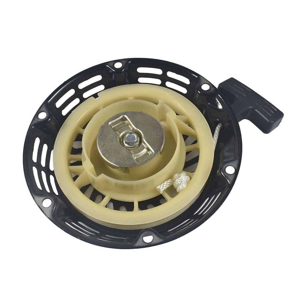 Recoil pull starter assembly with black housing and cream rewind pulley, metal bolt