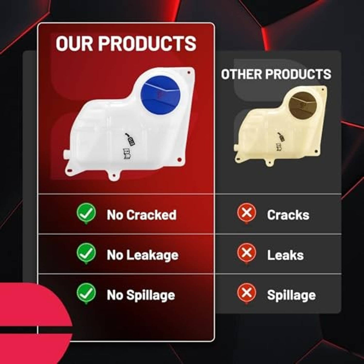 White coolant reservoir with blue cap shown in product vs cracked/leak comparison
